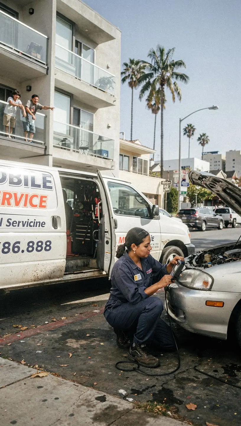 Experienced mobile mechanic performing vehicle diagnostics and emergency repairs at a client's location in Los Angeles, showcasing professional on-site service and timely assistance